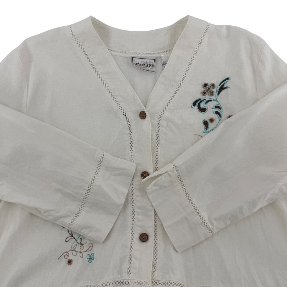 Napa‎ Valley Embroidered Linen Blend Button Front Cardigan Cottagecore Boho L